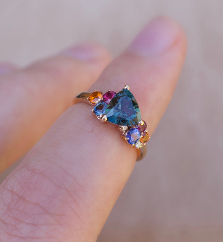 Teal Sapphire Cluster Engagement Ring, Multi Stone Ring 14K Gold, Trillion Sapphire Engagement Ring