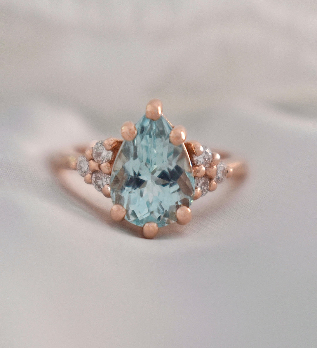 Aquamarine Engagement Ring w/ Leaf Wedding Band 14K Rose Gold