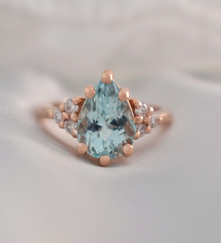 Aquamarine Engagement Ring w/ Leaf Wedding Band 14K Rose Gold