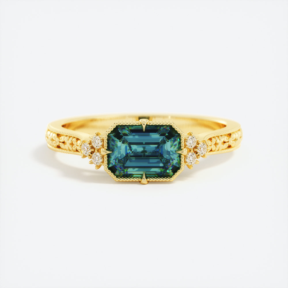 Teal Sapphire and Diamond Engagement Ring 14K Yellow Gold, Green Sapphire Ring, Peacock Sapphire Engagement Ring