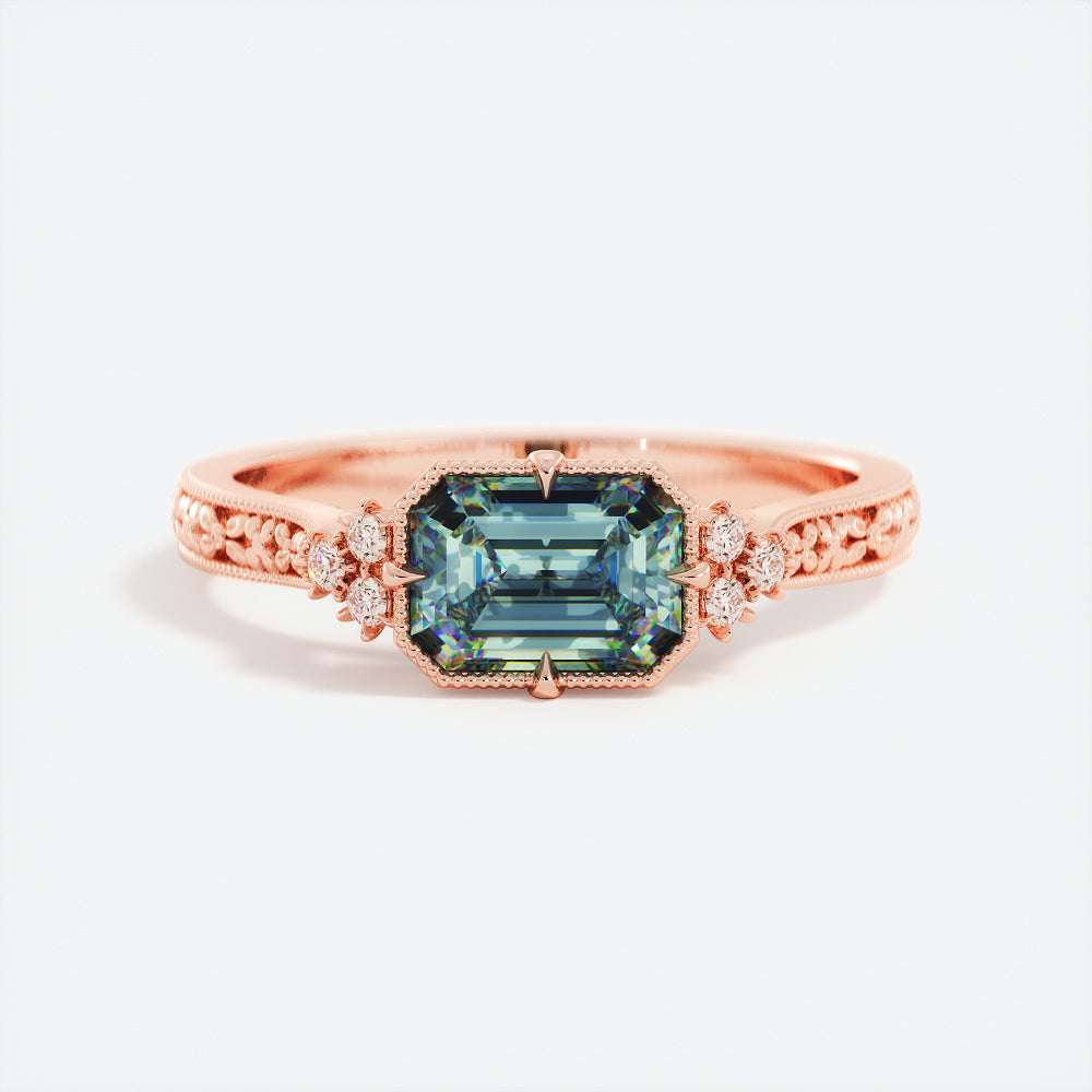 Teal Sapphire and Diamond Engagement Ring 14K Rose Gold, Radiant Shape Green Sapphire Ring, Teal Blue Montana Sapphire Ring