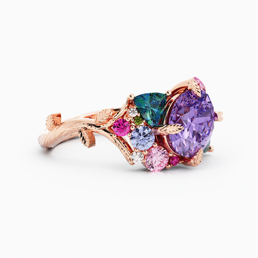 “Tara” Nature Inspired Cluster Engagement Ring with Purple Sapphire and Gemstones 14K Rose Gold, Multi Stone Ring