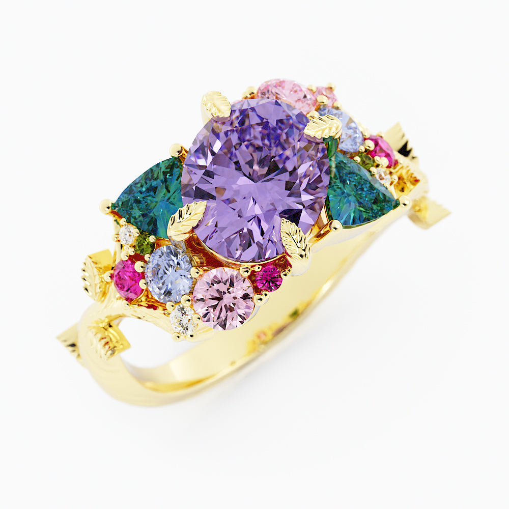 “Tara” Nature Inspired Cluster Engagement Ring with Purple Sapphire and Gemstones 14K Rose Gold, Multi Stone Ring