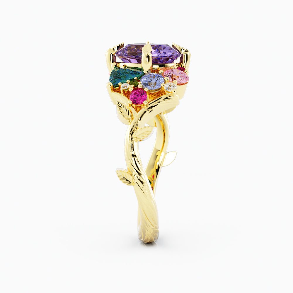 “Tara” Nature Inspired Cluster Engagement Ring with Purple Sapphire and Gemstones 14K Rose Gold, Multi Stone Ring