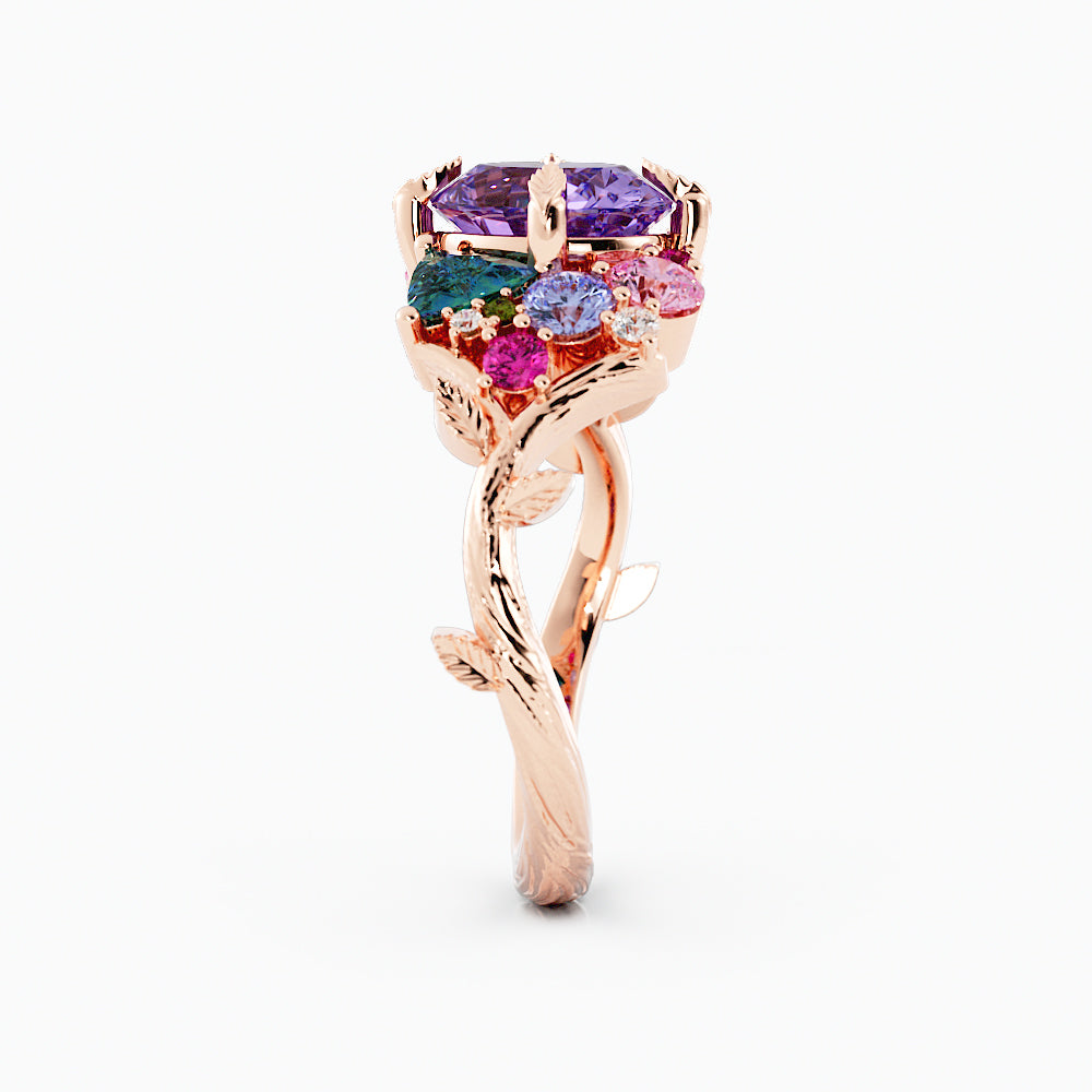 “Tara” Nature Inspired Cluster Engagement Ring with Purple Sapphire and Gemstones 14K Rose Gold, Multi Stone Ring