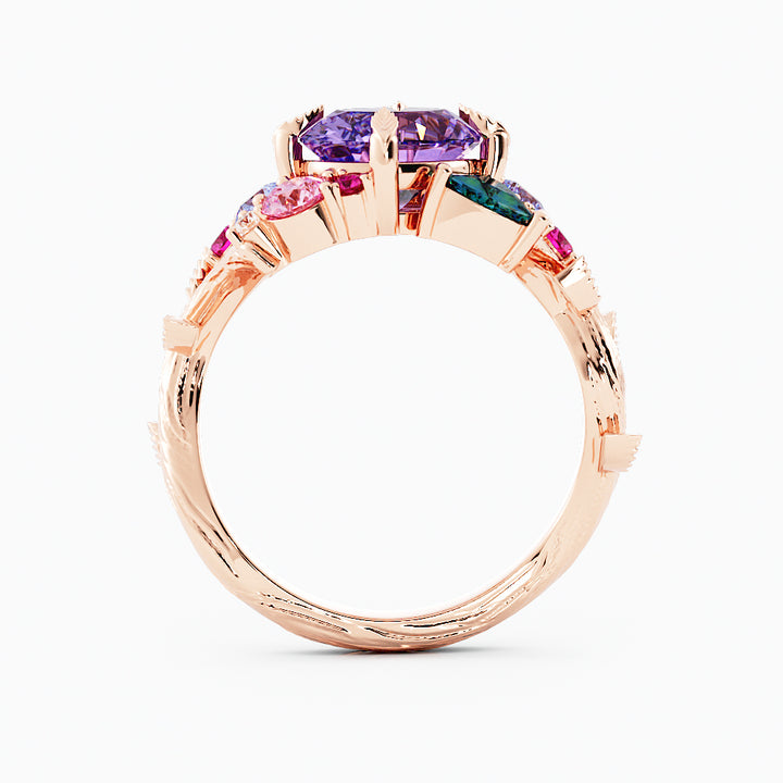 “Tara” Nature Inspired Cluster Engagement Ring with Purple Sapphire and Gemstones 14K Rose Gold, Multi Stone Ring