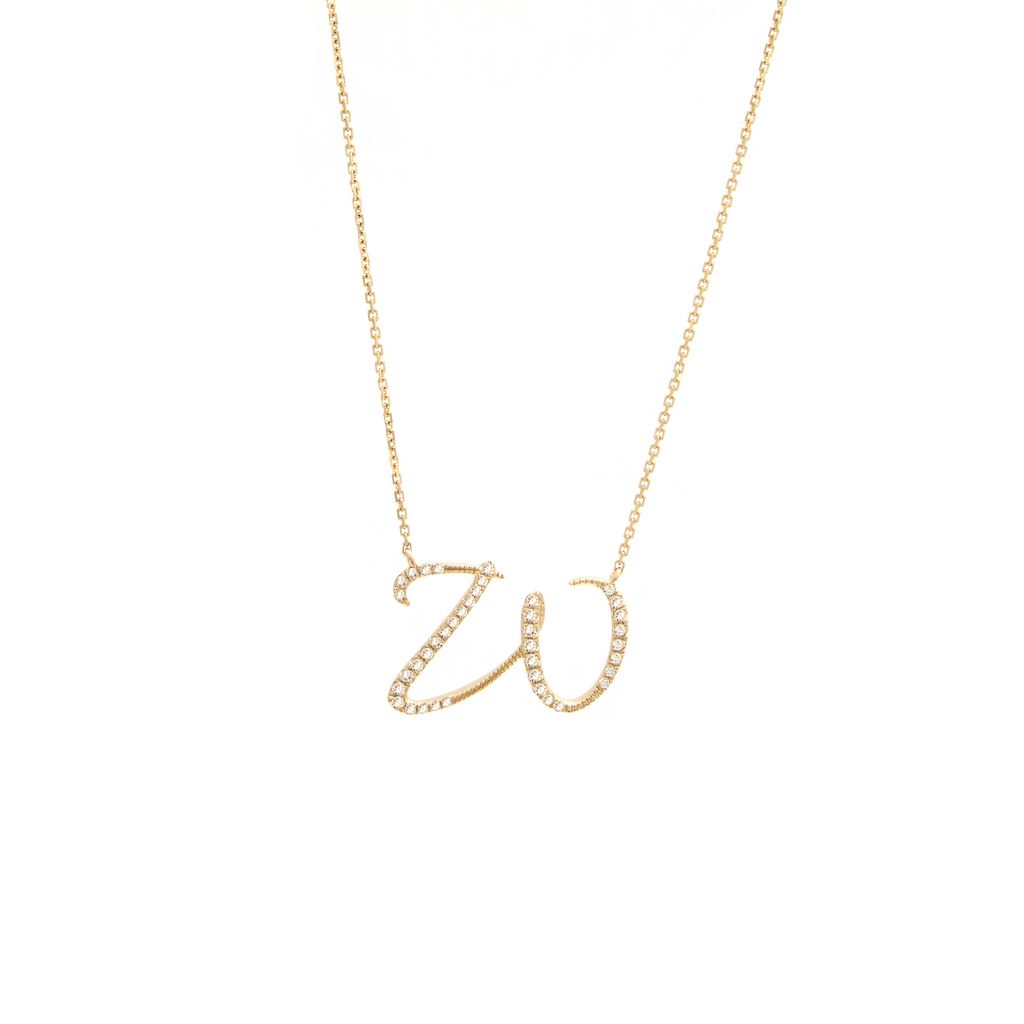 Script Initial Diamond Pendant Necklace w/ a Cable Chain 14K Solid Gold, Personalized Letter Necklace