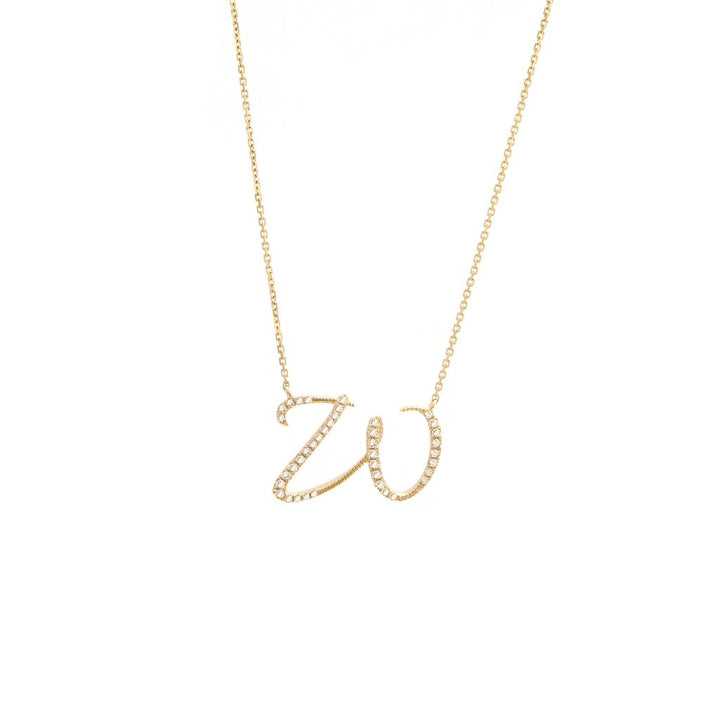 Script Initial Diamond Pendant Necklace w/ a Cable Chain 14K Solid Gold, Personalized Letter Necklace