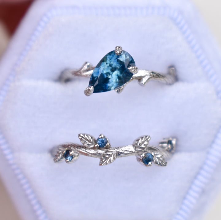 Twig Leaf Engagement Ring Set With Teal Blue Montana Sapphire 14K White Gold