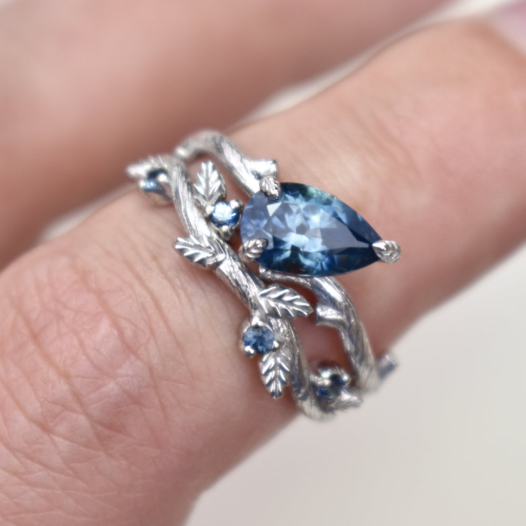 Twig Leaf Engagement Ring Set With Teal Blue Montana Sapphire 14K White Gold