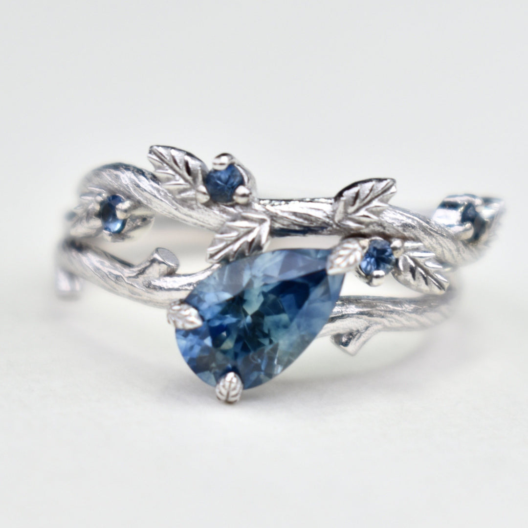 Twig Leaf Engagement Ring Set With Teal Blue Montana Sapphire 14K White Gold