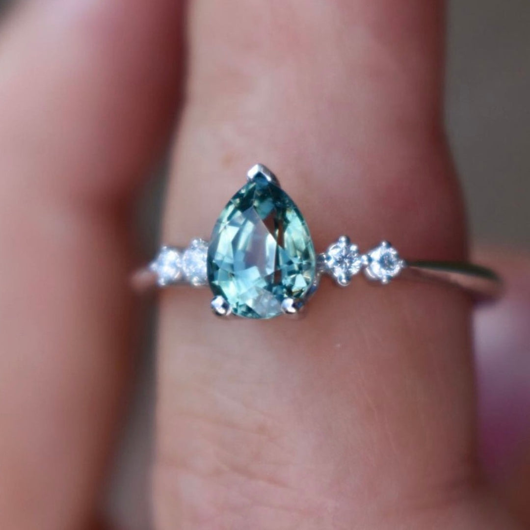Pear Shaped Montana Sapphire Ring and Diamonds 14K Gold, Teal Montana Sapphire Engagement Ring,Teal Blue Green Sapphire Engagement Ring