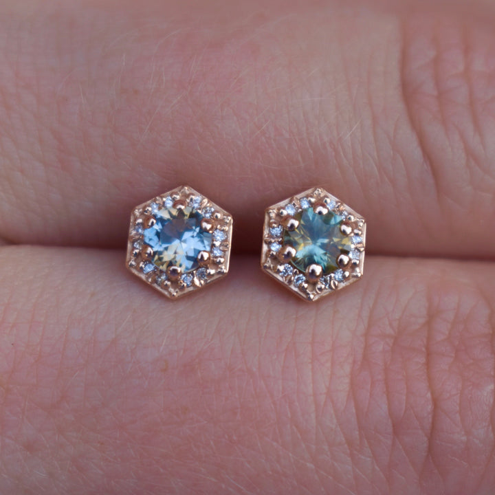 Round Parti Montana Sapphire Diamond Halo Stud Earrings 14K Gold