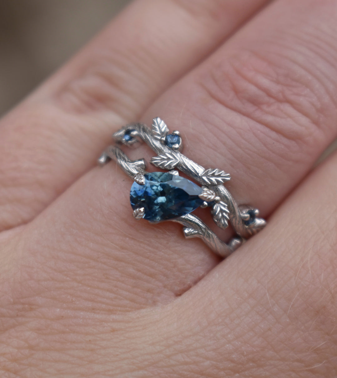 Twig Leaf Engagement Ring Set With Teal Blue Montana Sapphire 14K White Gold