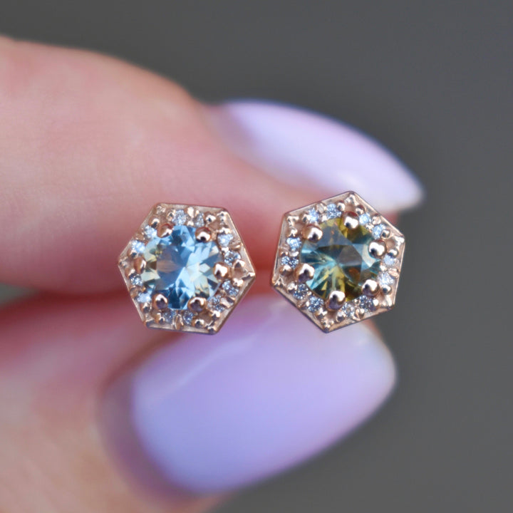 Round Parti Montana Sapphire Diamond Halo Stud Earrings 14K Gold