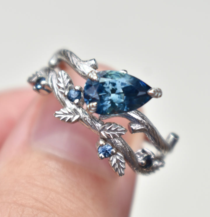 Twig Leaf Engagement Ring Set With Teal Blue Montana Sapphire 14K White Gold