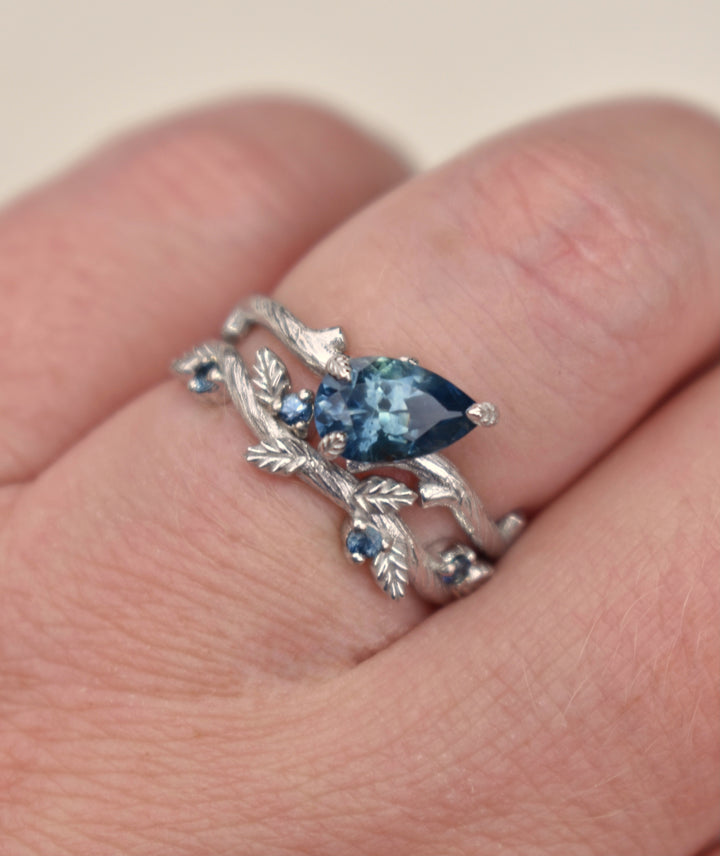 Twig Leaf Engagement Ring Set With Teal Blue Montana Sapphire 14K White Gold