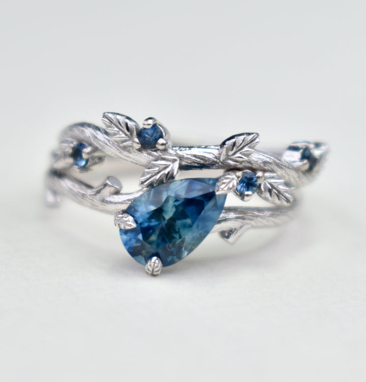 Twig Leaf Engagement Ring Set With Teal Blue Montana Sapphire 14K White Gold