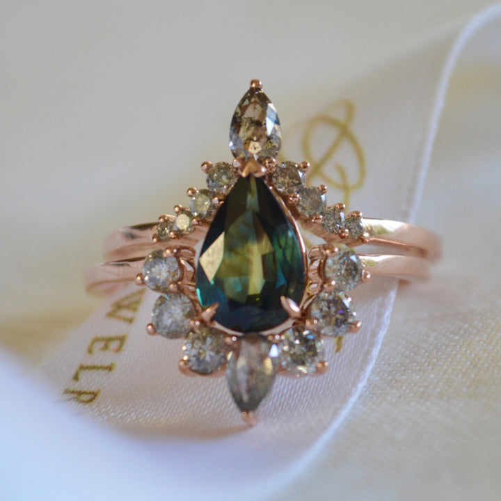 Teal Sapphire Engagement Ring Set w/ Salt&Pepper Diamonds Pear Shape 14K Rose Gold