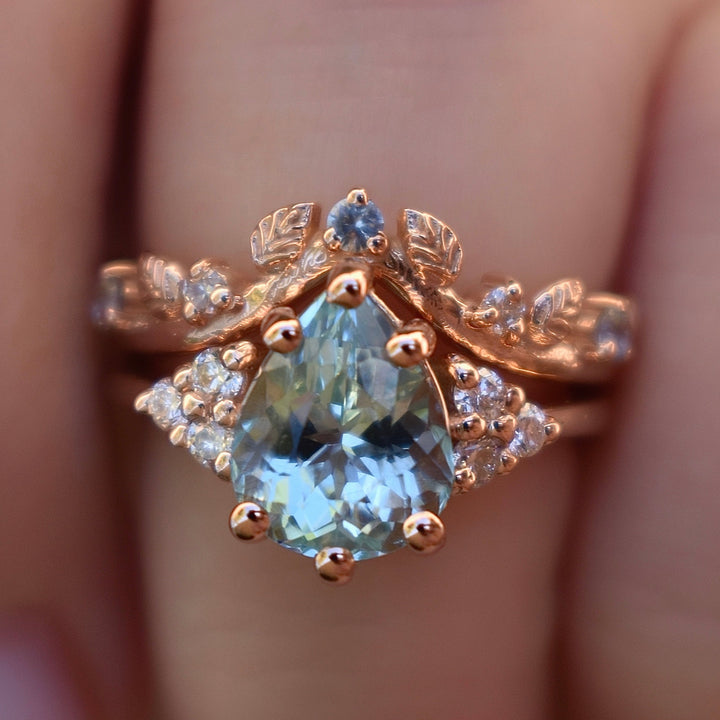 Aquamarine Engagement Ring w/ Leaf Wedding Band 14K Rose Gold