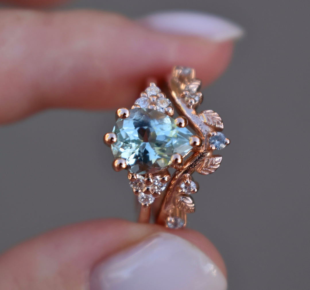 Aquamarine Engagement Ring w/ Leaf Wedding Band 14K Rose Gold