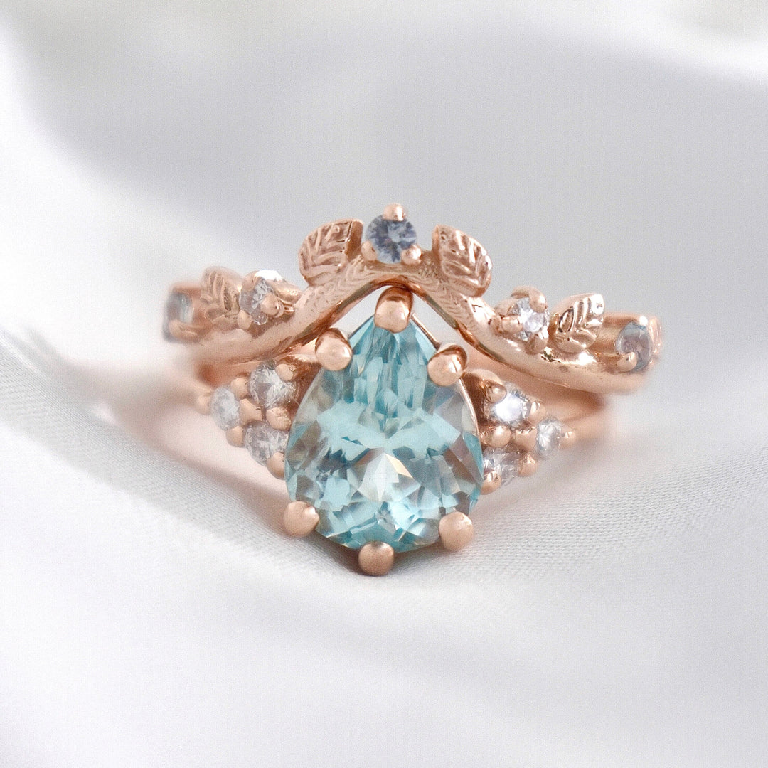 Aquamarine Engagement Ring w/ Leaf Wedding Band 14K Rose Gold