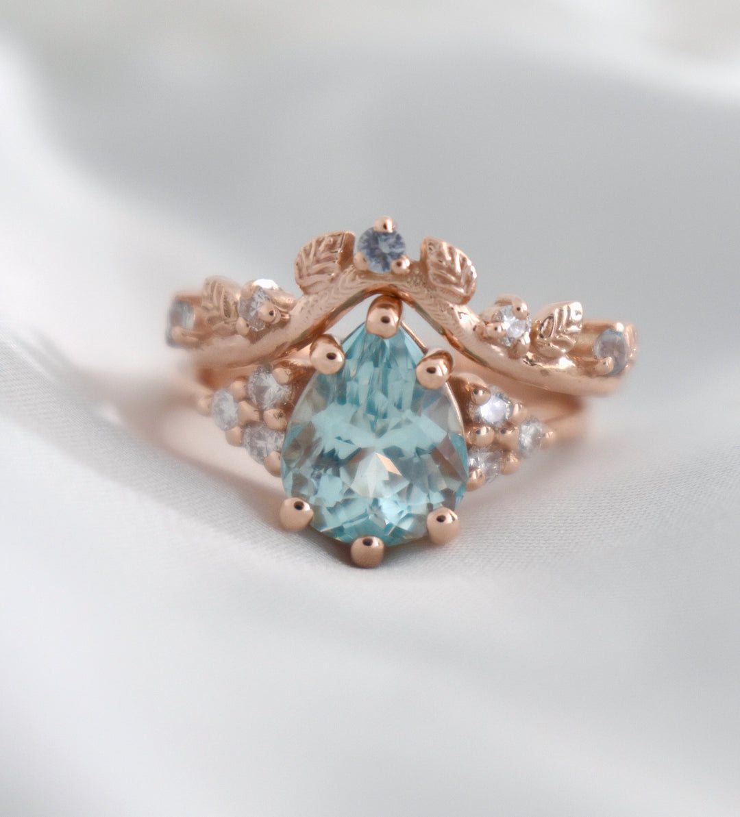 Aquamarine Engagement Ring w/ Leaf Wedding Band 14K Rose Gold