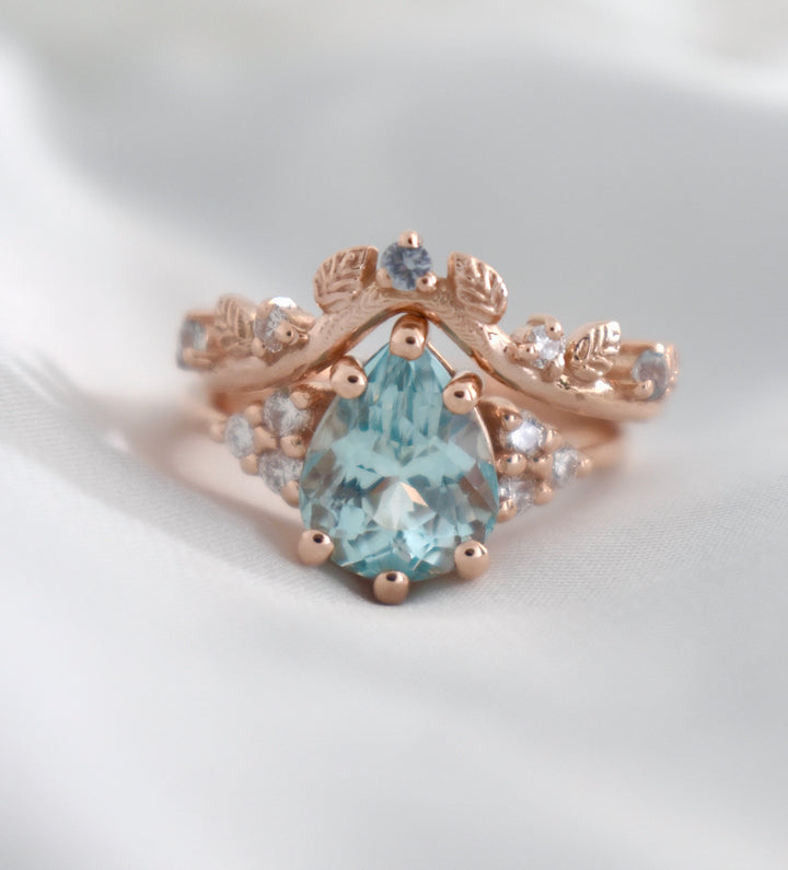 Aquamarine Engagement Ring w/ Leaf Wedding Band 14K Rose Gold