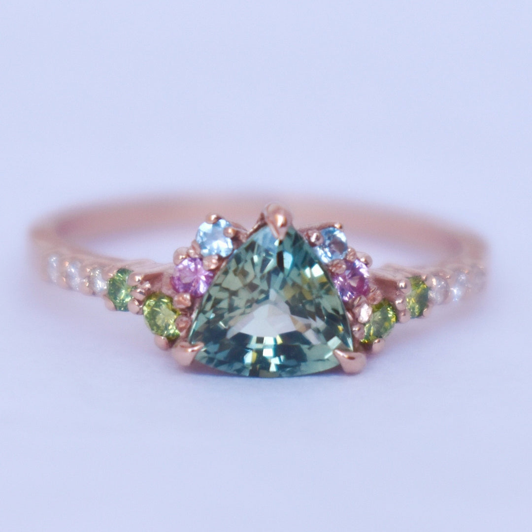 Trillion Parti Color Sapphire Cluster Engagement Ring w/ Apple Green Diamonds, Pink and Blue Sapphires 14K Rose Gold