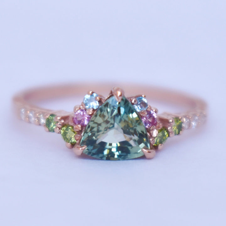 Trillion Parti Color Sapphire Cluster Engagement Ring w/ Apple Green Diamonds, Pink and Blue Sapphires 14K Rose Gold