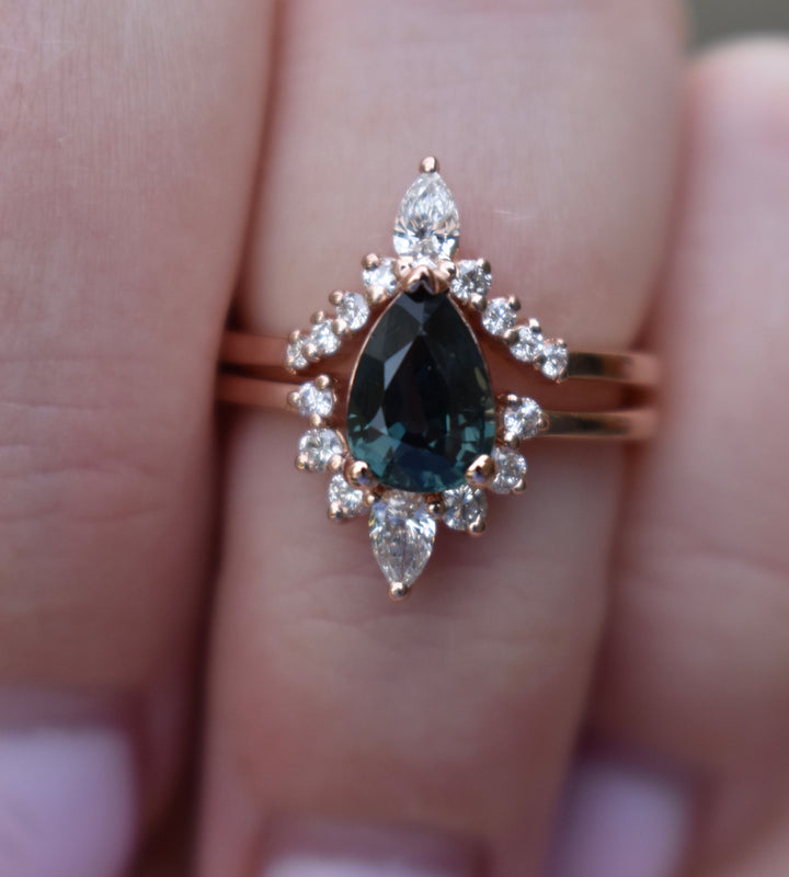 Teal Sapphire and Diamond Engagement Ring Set, Pear Shape Sapphire Nesting Ring