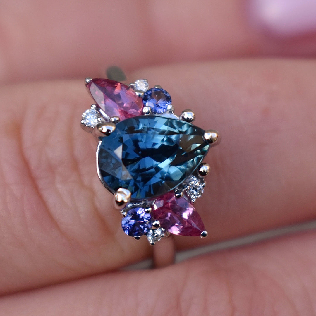 Cluster Engagement Ring w/ Pear Shape Teal Sapphire and Multi Stones 14K Gold