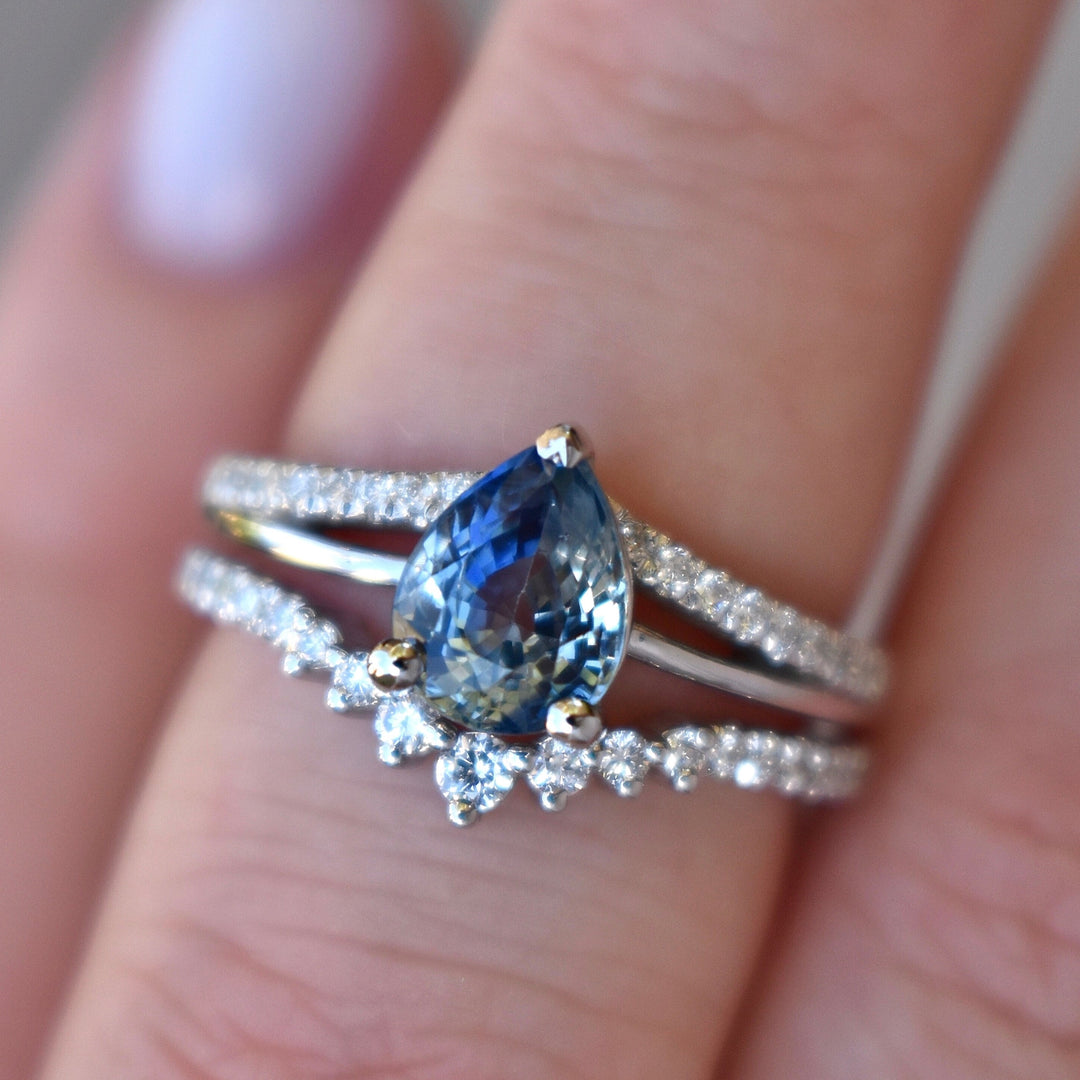 Bi color sapphire and Diamond Engagement Ring Set 14K White Gold, Parti Sapphire Engagement Ring