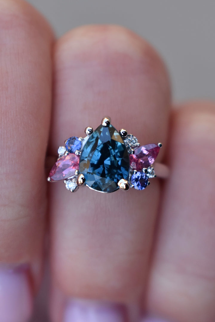 Cluster Engagement Ring w/ Pear Shape Teal Sapphire and Multi Stones 14K Gold