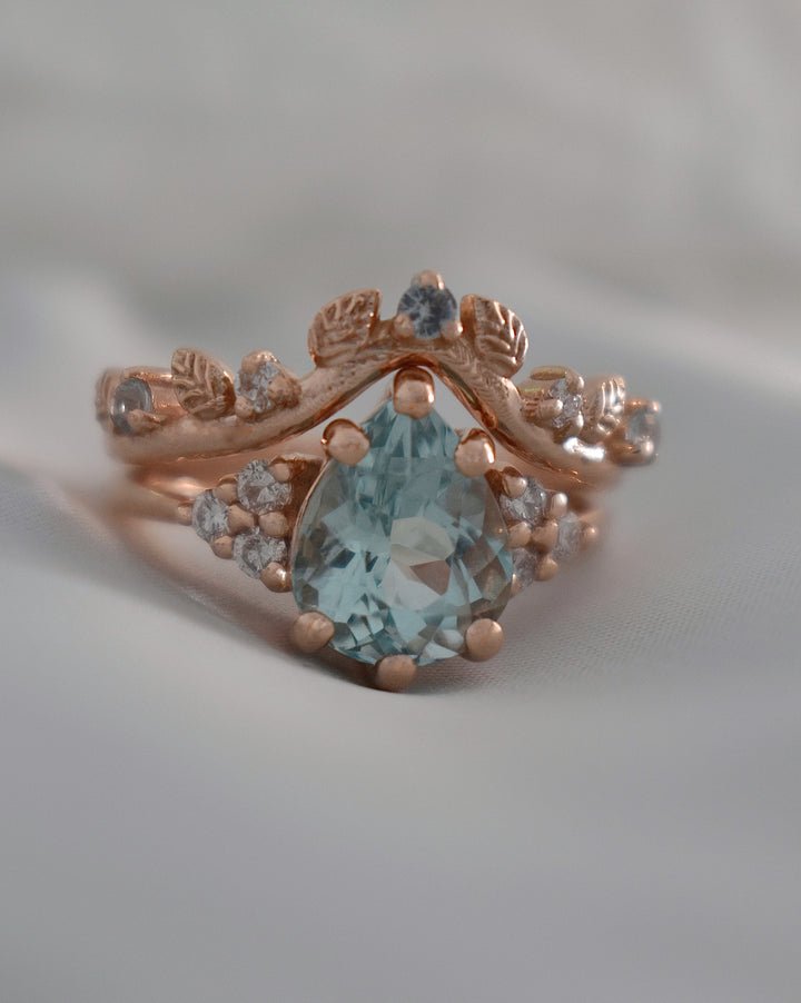 Aquamarine Engagement Ring w/ Leaf Wedding Band 14K Rose Gold