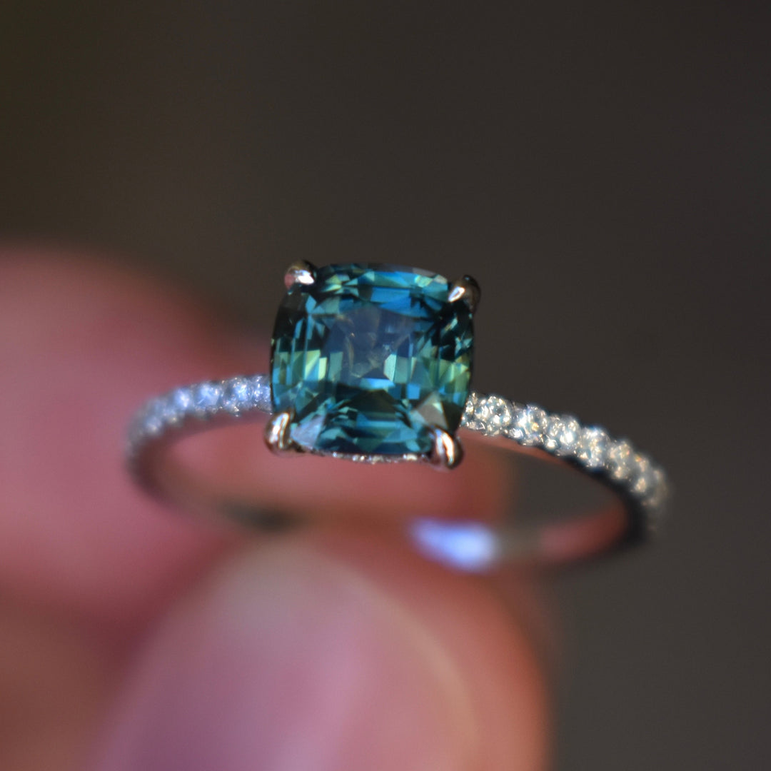 Teal Green Sapphire Engagement Ring 14K Gold, Hidden Halo Diamond and Sapphire Ring