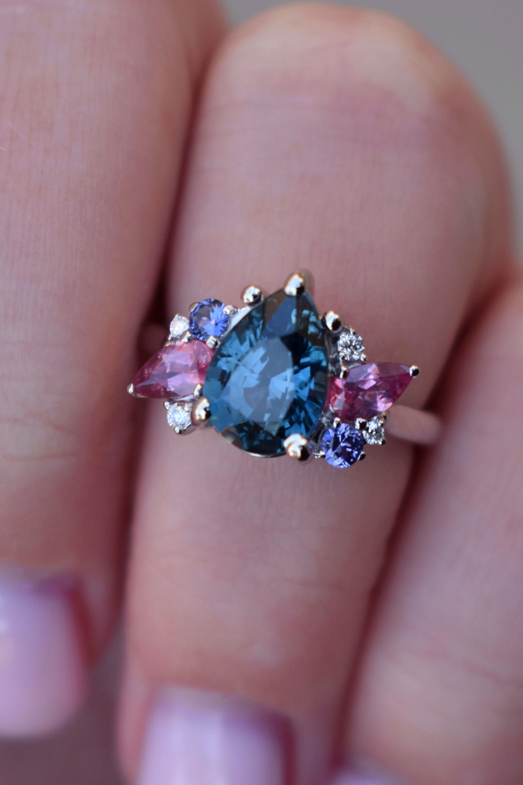 Cluster Engagement Ring w/ Pear Shape Teal Sapphire and Multi Stones 14K Gold