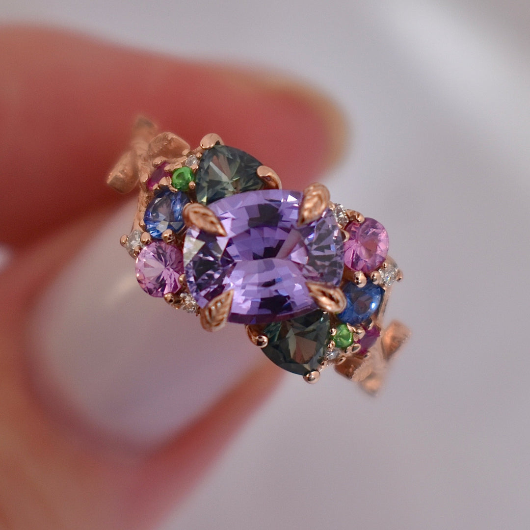 “Tara” Purple Sapphire Cluster Ring 14K Rose Gold,Tsavorite Garnet Ring,Floral Engagement Ring