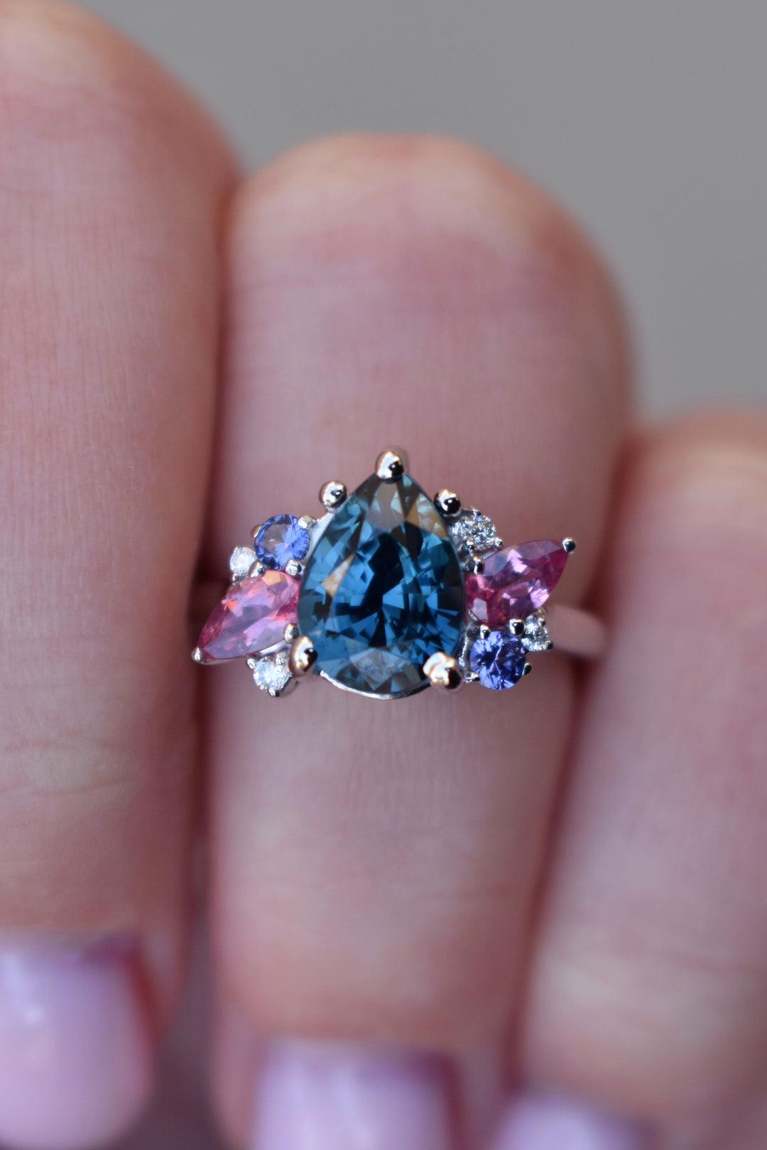 Cluster Engagement Ring w/ Pear Shape Teal Sapphire and Multi Stones 14K Gold