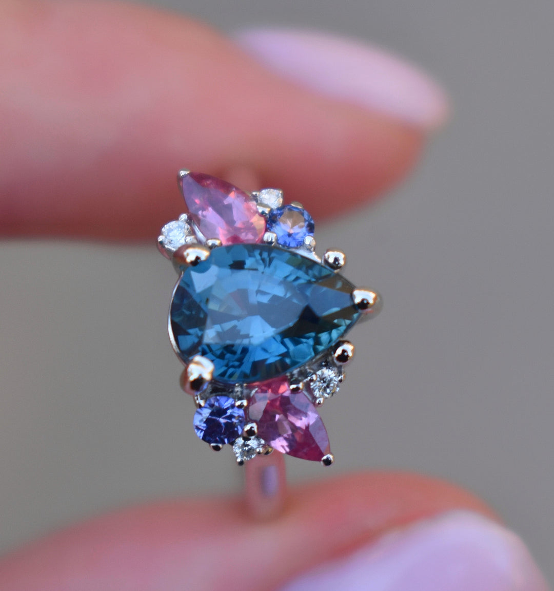 Cluster Engagement Ring w/ Pear Shape Teal Sapphire and Multi Stones 14K Gold