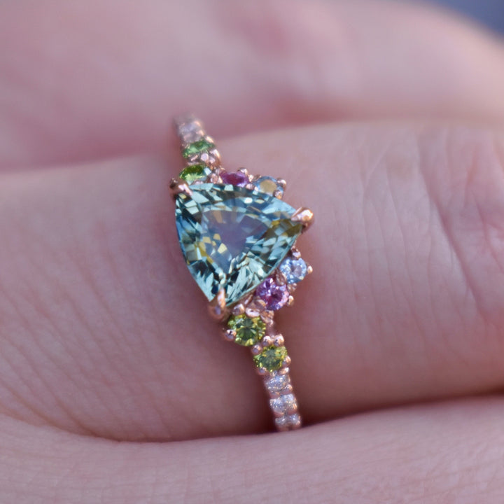 Trillion Parti Color Sapphire Cluster Engagement Ring w/ Apple Green Diamonds, Pink and Blue Sapphires 14K Rose Gold