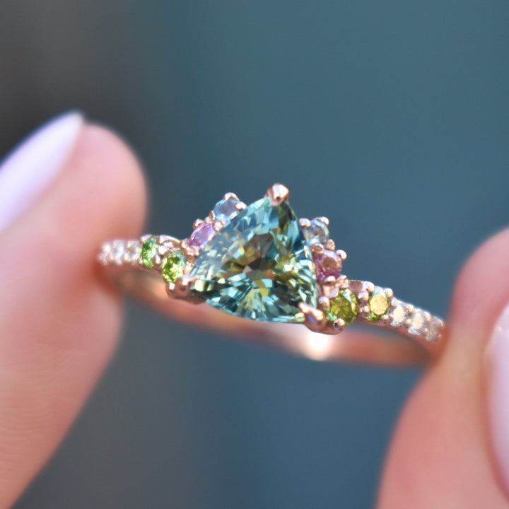 Trillion Parti Color Sapphire Cluster Engagement Ring w/ Apple Green Diamonds, Pink and Blue Sapphires 14K Rose Gold