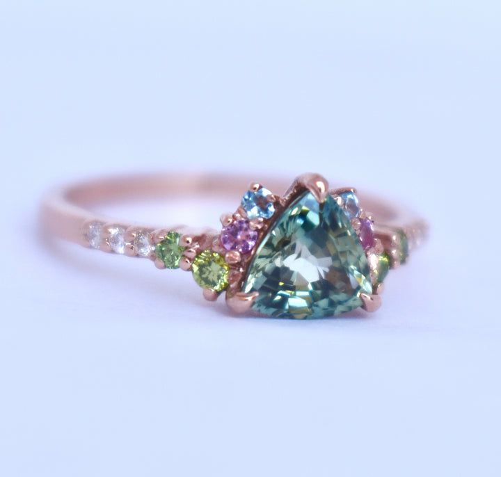 Trillion Parti Color Sapphire Cluster Engagement Ring w/ Apple Green Diamonds, Pink and Blue Sapphires 14K Rose Gold