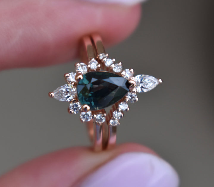 Teal Sapphire and Diamond Engagement Ring Set, Pear Shape Sapphire Nesting Ring