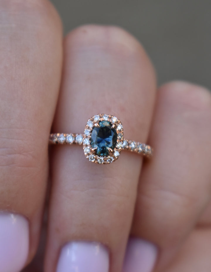 14K Rose Gold Montana Sapphire Ring with Diamonds,Oval Teal Sapphire Engagement Ring