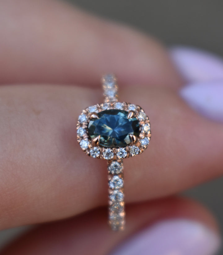 14K Rose Gold Montana Sapphire Ring with Diamonds,Oval Teal Sapphire Engagement Ring