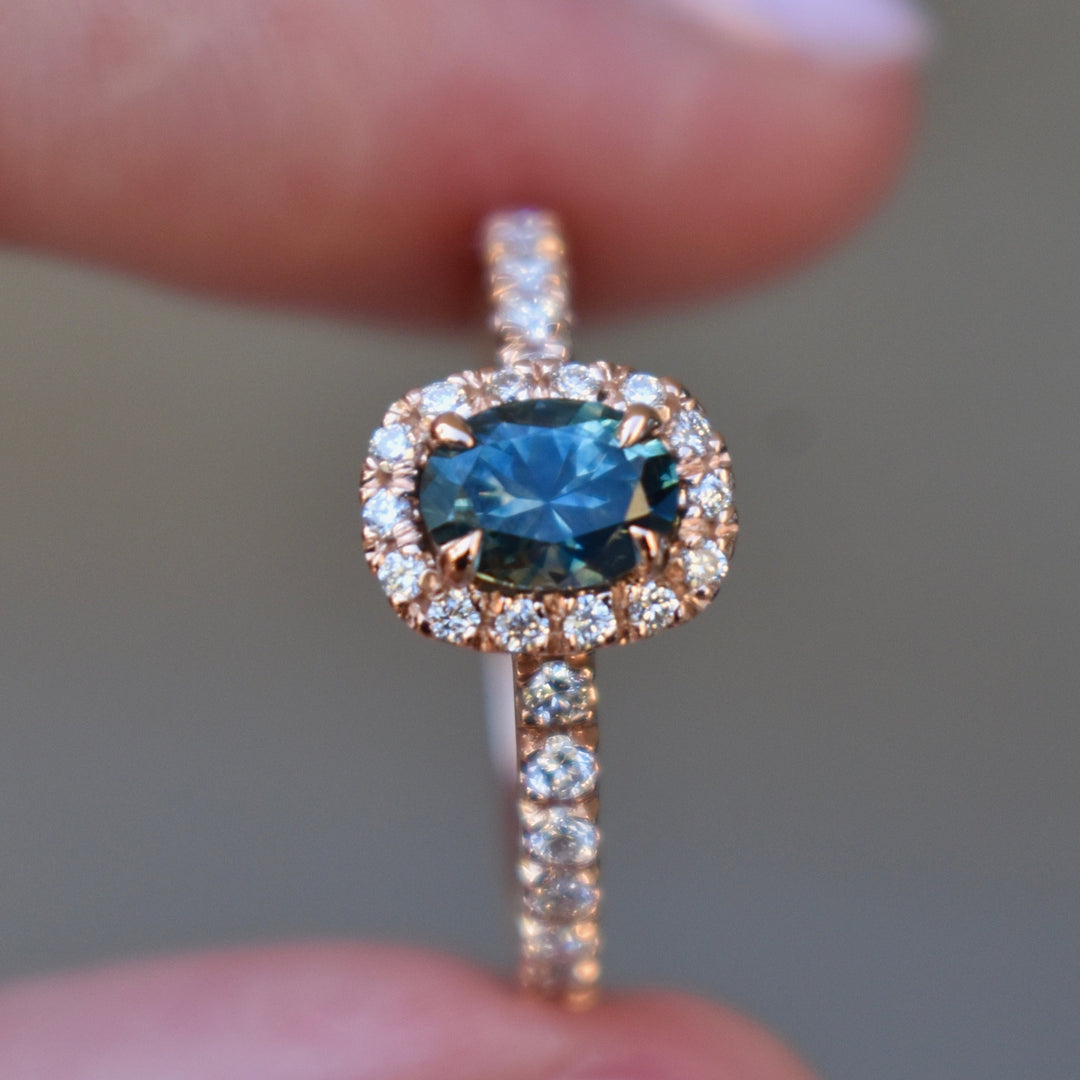 14K Rose Gold Montana Sapphire Ring with Diamonds,Oval Teal Sapphire Engagement Ring