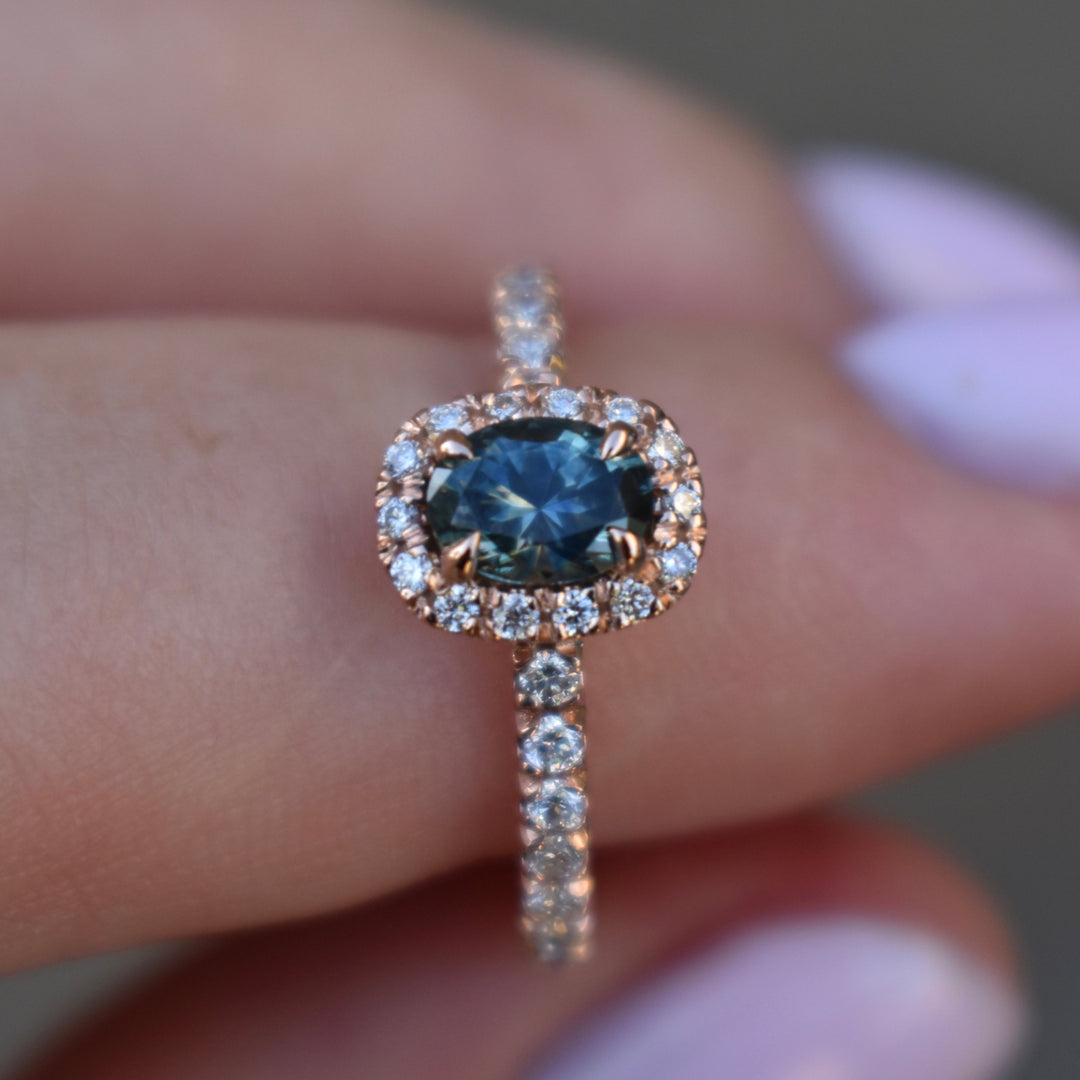 14K Rose Gold Montana Sapphire Ring with Diamonds,Oval Teal Sapphire Engagement Ring