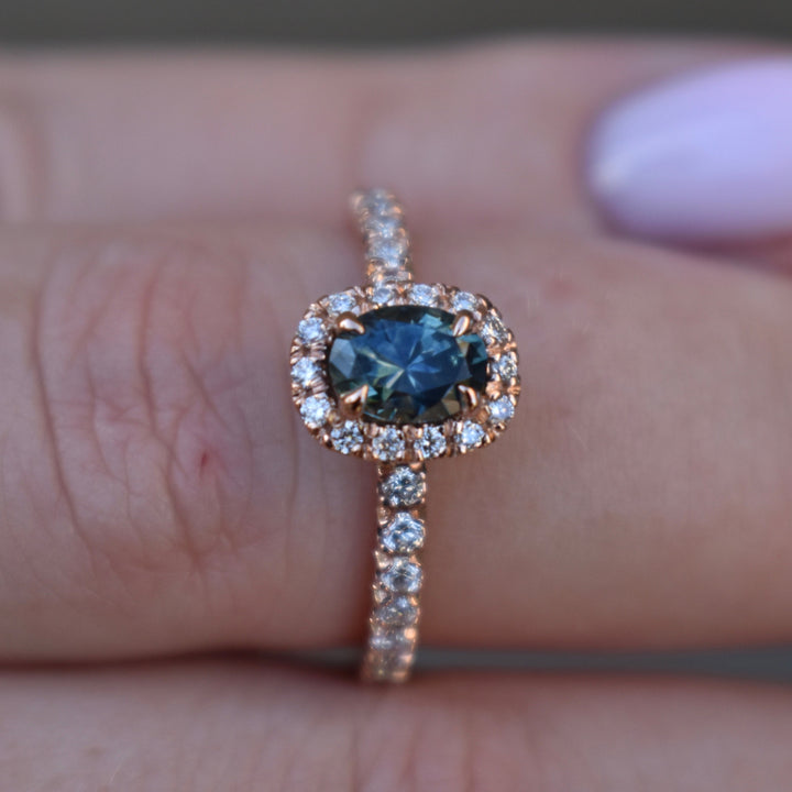 14K Rose Gold Montana Sapphire Ring with Diamonds,Oval Teal Sapphire Engagement Ring