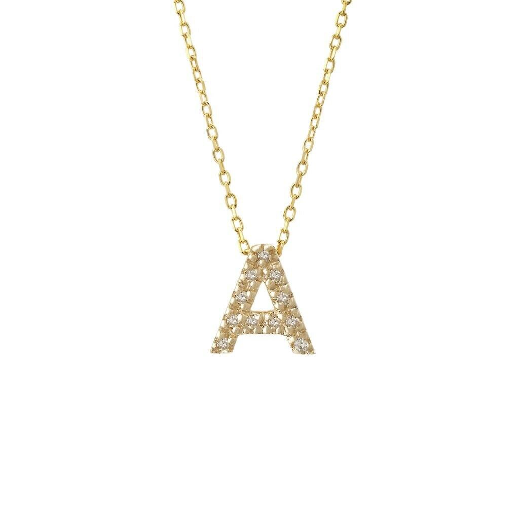 Initial Pendant Necklace w/ Diamonds 14K Solid Gold Personalized Letter Necklace